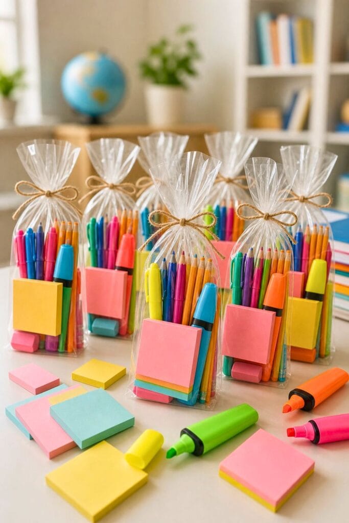 A collection of clear favor bags filled with colorful Post-It notes, highlighters, and school supplies arranged on a bright surface.