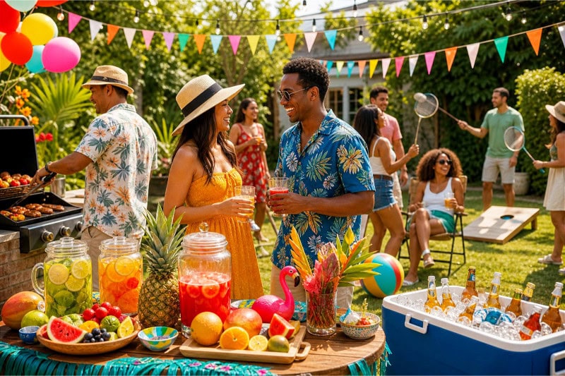 People enjoying a sunny outdoor summer party with colorful decorations, food, and drinks in a backyard.