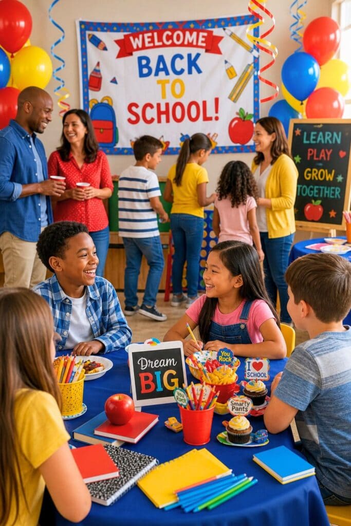 Children and parents enjoying a colorful outdoor back-to-school party with decorations, games, and snacks on a sunny day.