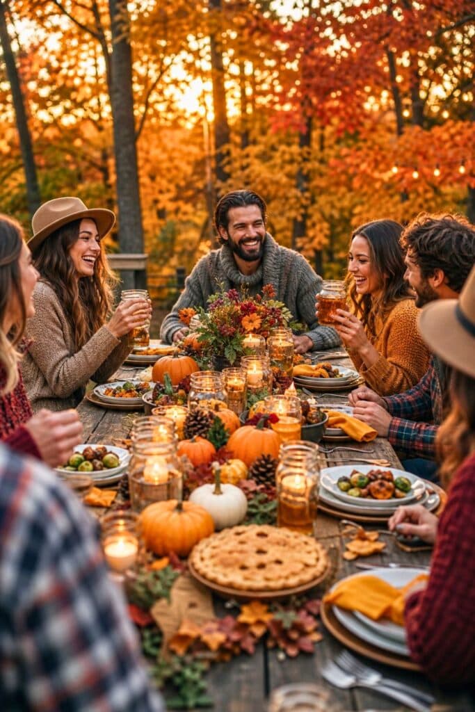 An outdoor fall harvest party with a rustic table decorated with pumpkins, candles, and fall leaves, surrounded by people enjoying food and drinks under colorful autumn trees.