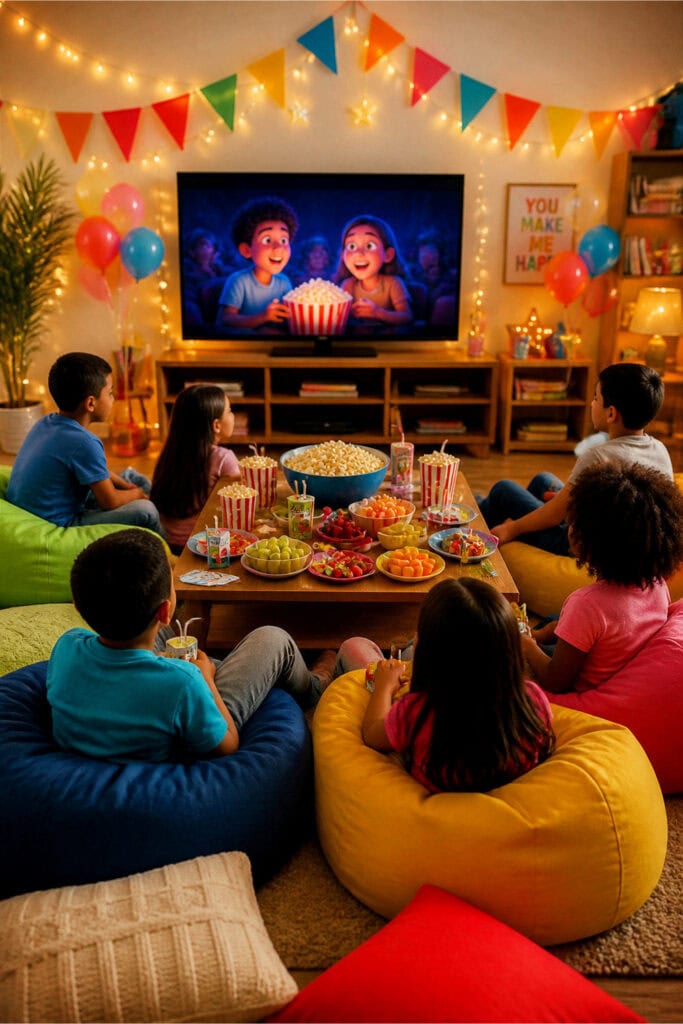 Children sitting on bean bags and cushions watching a movie on a large TV in a decorated living room with snacks and colorful decorations.