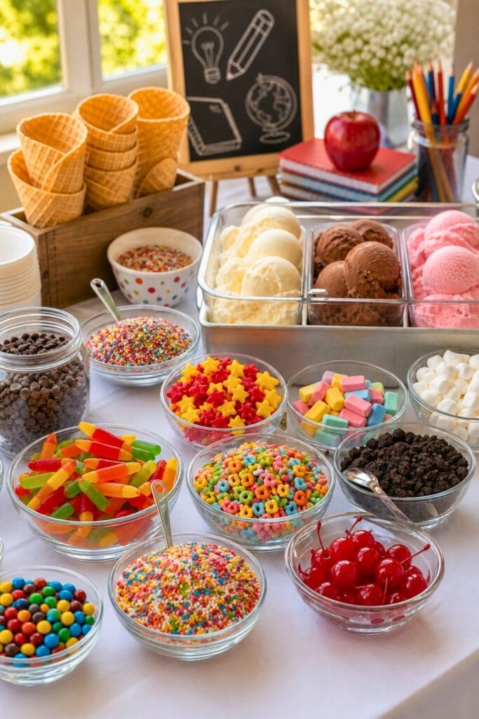 An ice cream sundae bar with bowls of ice cream and school-themed toppings like alphabet sprinkles, gummy apples, and cookie pencils arranged on a table with school decorations in the background.