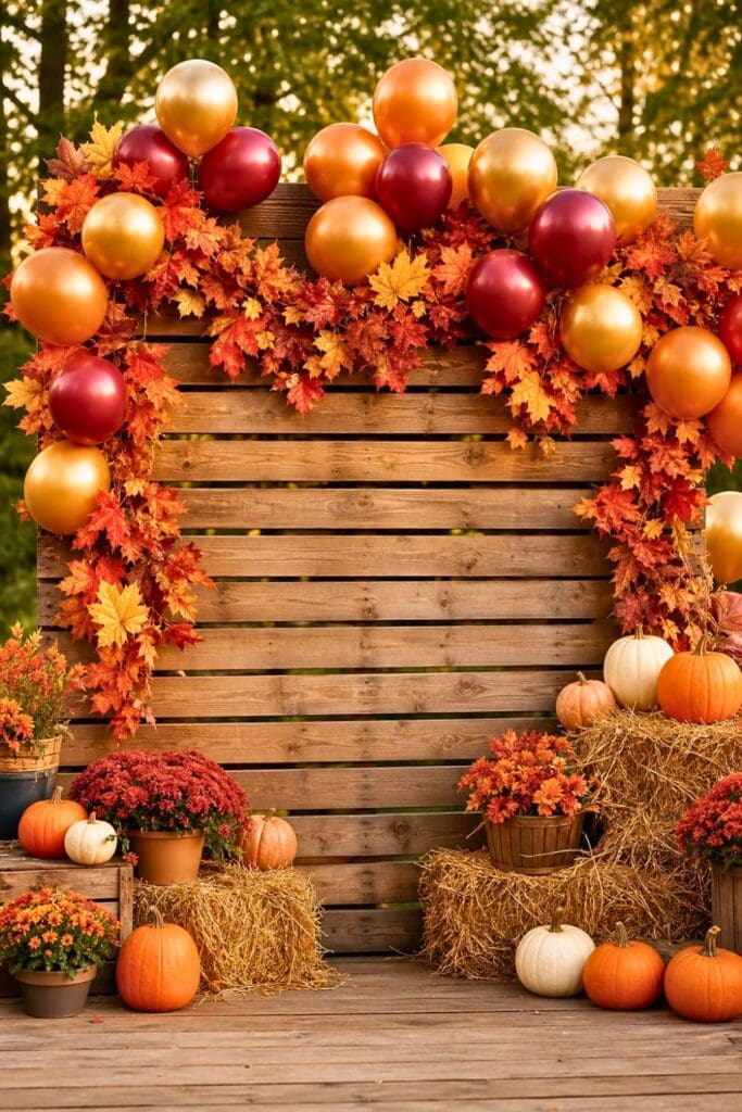A fall harvest party backdrop with colorful leaf garlands and clusters of balloons in autumn colors against a rustic wooden background.