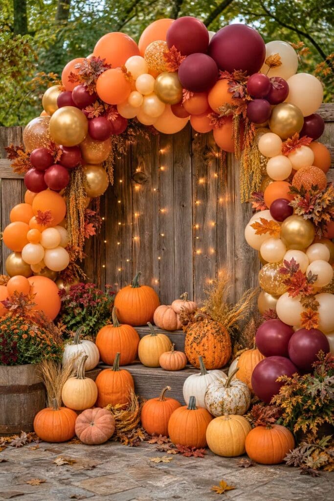A fall party backdrop with a colorful balloon arch and a stack of pumpkins arranged in front of a rustic wooden background.