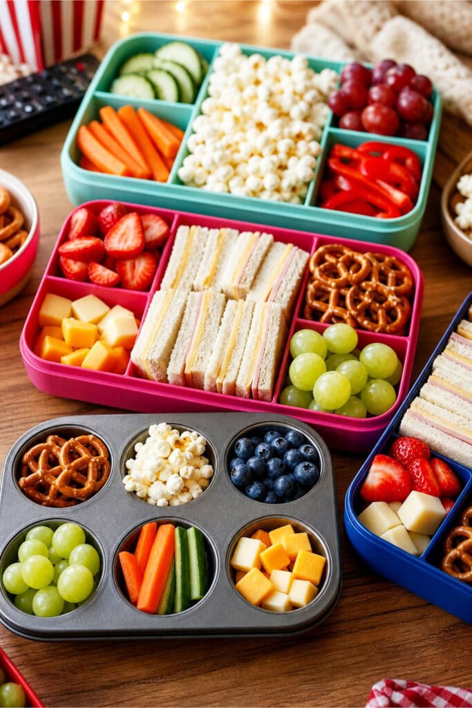 Assorted kid-friendly snacks arranged in colorful bento boxes and muffin tins on a table, including sandwiches, fruits, cheese, popcorn, and vegetables.