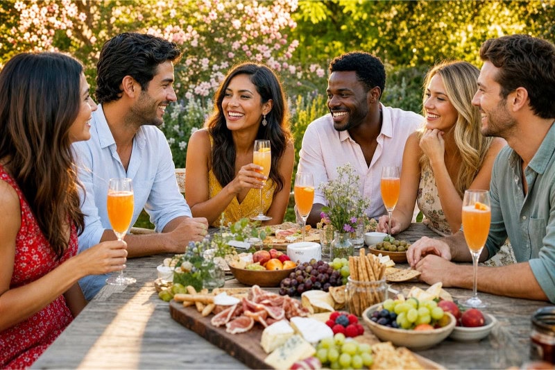 A group of people enjoying a casual outdoor Prosecco party in a garden setting with drinks, fruit, and appetizers on a wooden table.