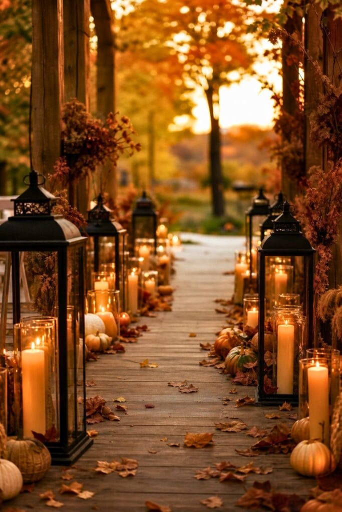 Outdoor walkway lined with glowing lanterns and pillar candles surrounded by autumn leaves and fall decorations.