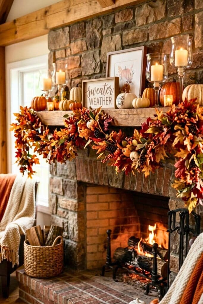 A mantel or buffet decorated with a colorful leaf garland and small fall decorations like pumpkins and candles.