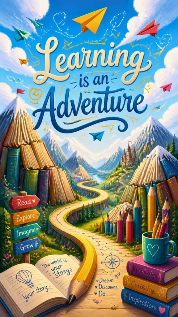 Whimsical learning wallpaper with books transforming into mountains, paper airplanes, and Learning is an Adventure text.