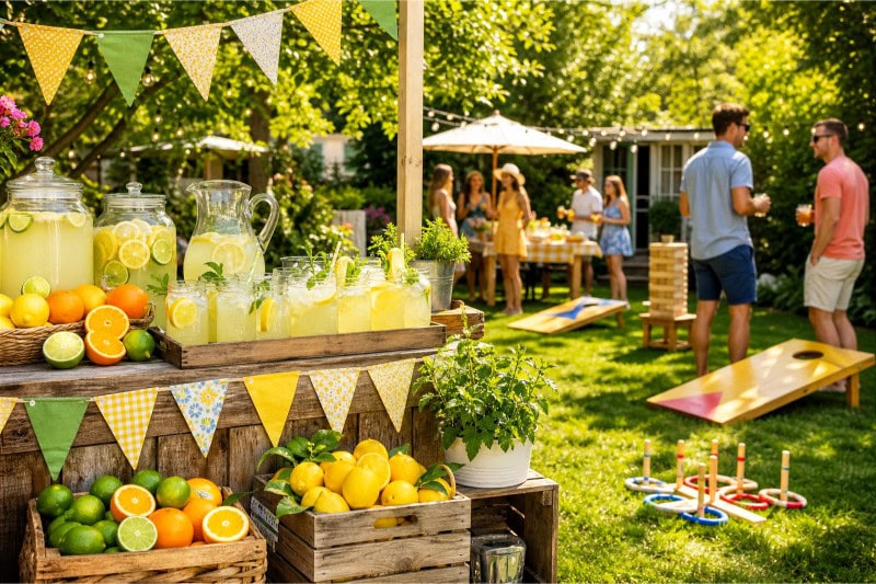 A backyard lemonade stand with fresh citrus fruits and people playing yard games on a sunny day.