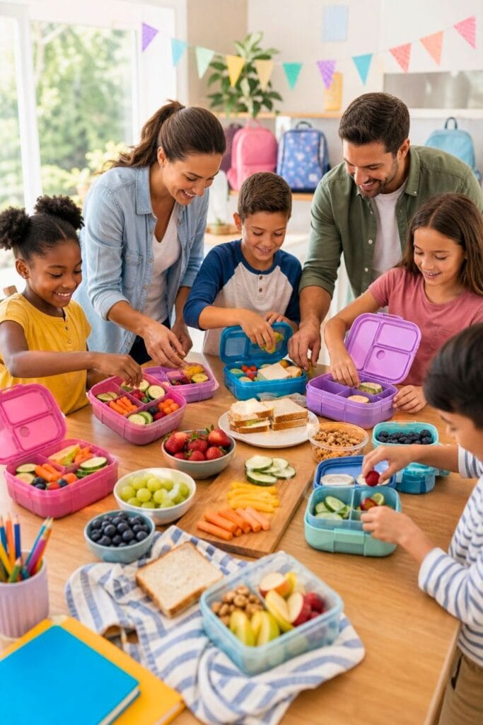 Children and adults happily packing colorful bento lunchboxes together on a table filled with fresh food in a bright kitchen.