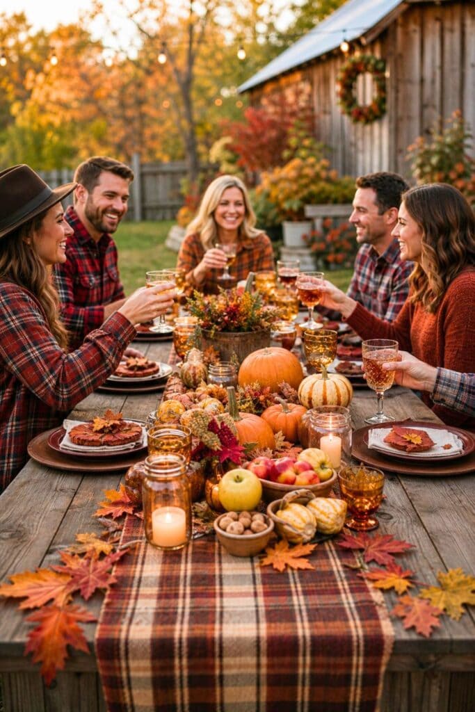 People wearing plaid outfits gathered around a wooden table decorated with pumpkins, autumn leaves, candles, and seasonal foods outdoors.
