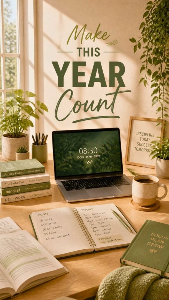 Cozy study desk wallpaper with planner, textbooks, coffee, laptop, and Make This Year Count quote.