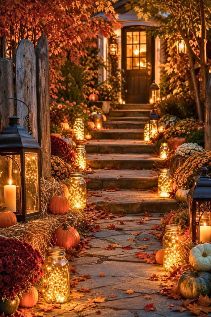 An outdoor pathway lit by mason jar fairy lights and lanterns, decorated with pumpkins and fall leaves leading to a front door.