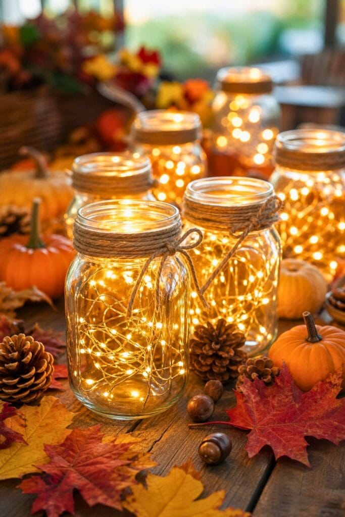Mason jar lanterns with glowing fairy lights surrounded by fall leaves, pumpkins, and pine cones on a wooden table.