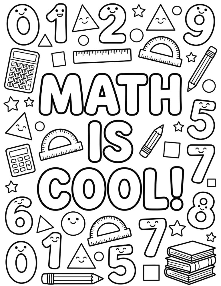 Math Is Cool coloring page with bubble letters, smiling numbers, calculator, ruler, geometric shapes, books, and pencils.