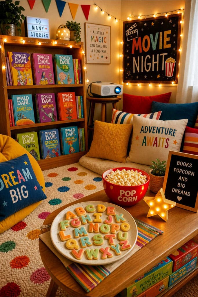 A children's reading corner with Roald Dahl books on a bookshelf and a plate of alphabet cookies on a table.