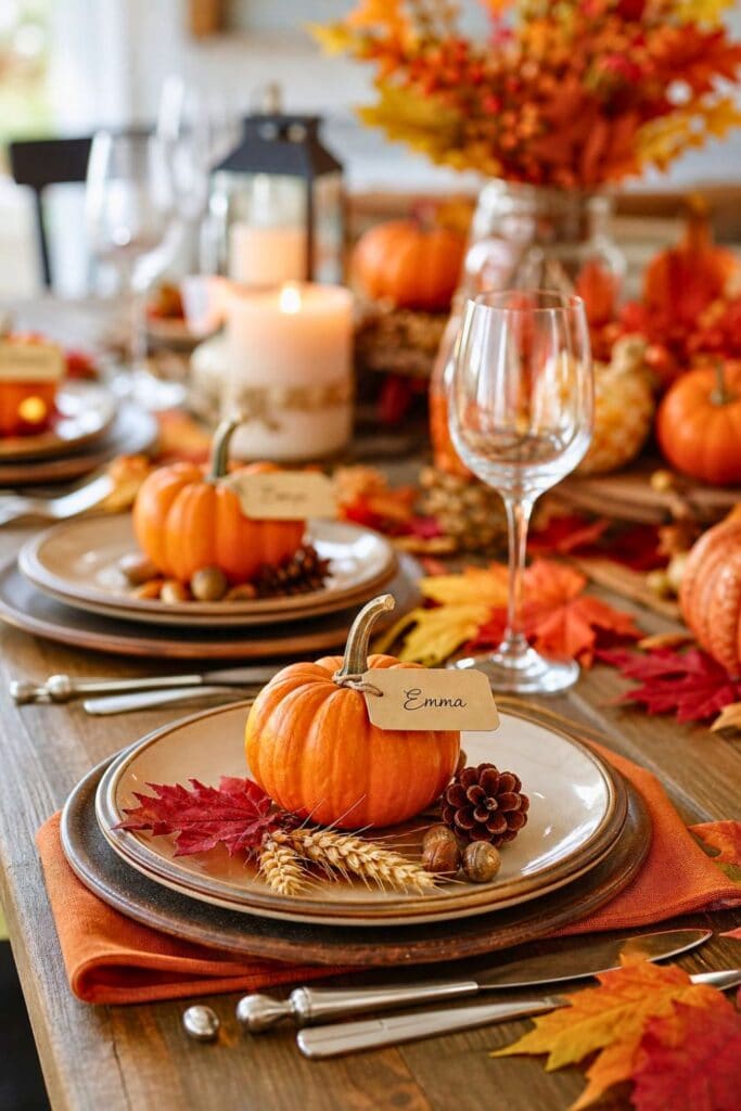 A fall party table set with mini pumpkins at each seat as place cards, surrounded by autumn decorations like leaves, pinecones, and candles.