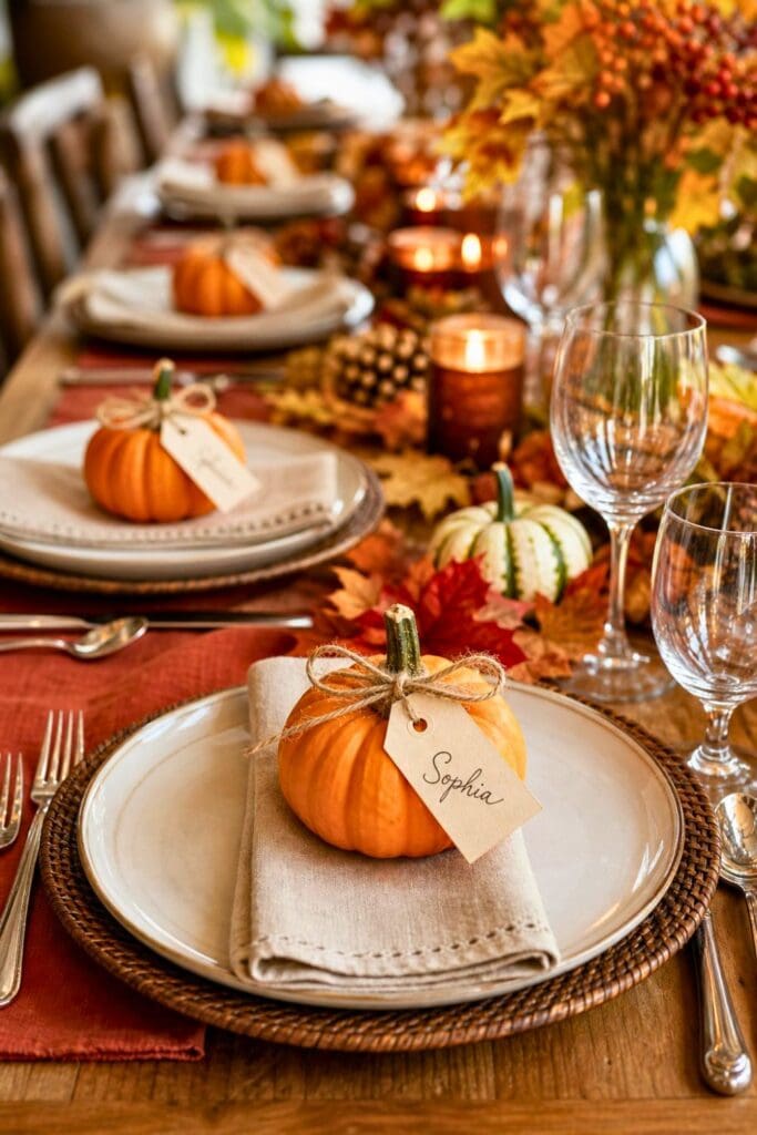 A fall harvest party table with mini pumpkins at each place setting surrounded by autumn decorations and tableware.