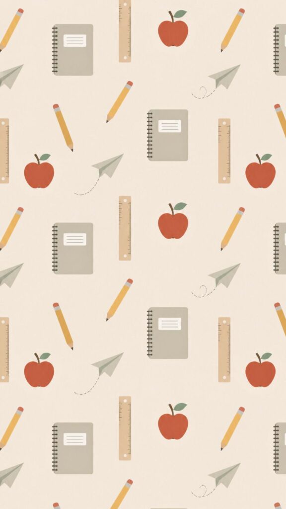 Minimal back to school wallpaper featuring repeating pencils, notebooks, rulers, apples, and paper airplanes.