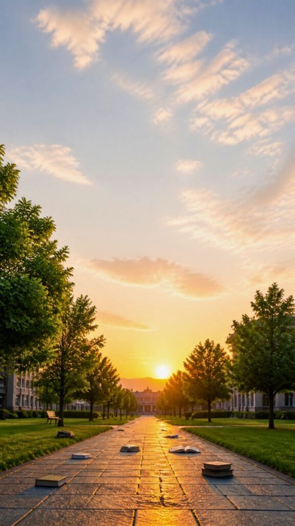 Peaceful sunrise over a campus walkway creating an inspiring back to school phone wallpaper.