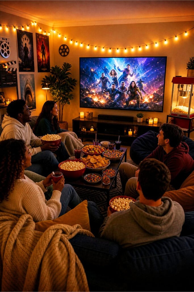 A group of friends enjoying a cozy movie night party in a living room with snacks, drinks, and a large TV.