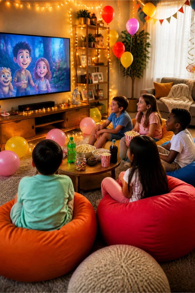 Children sitting on bean bags watching a movie on TV surrounded by snacks and festive decorations in a cozy living room.