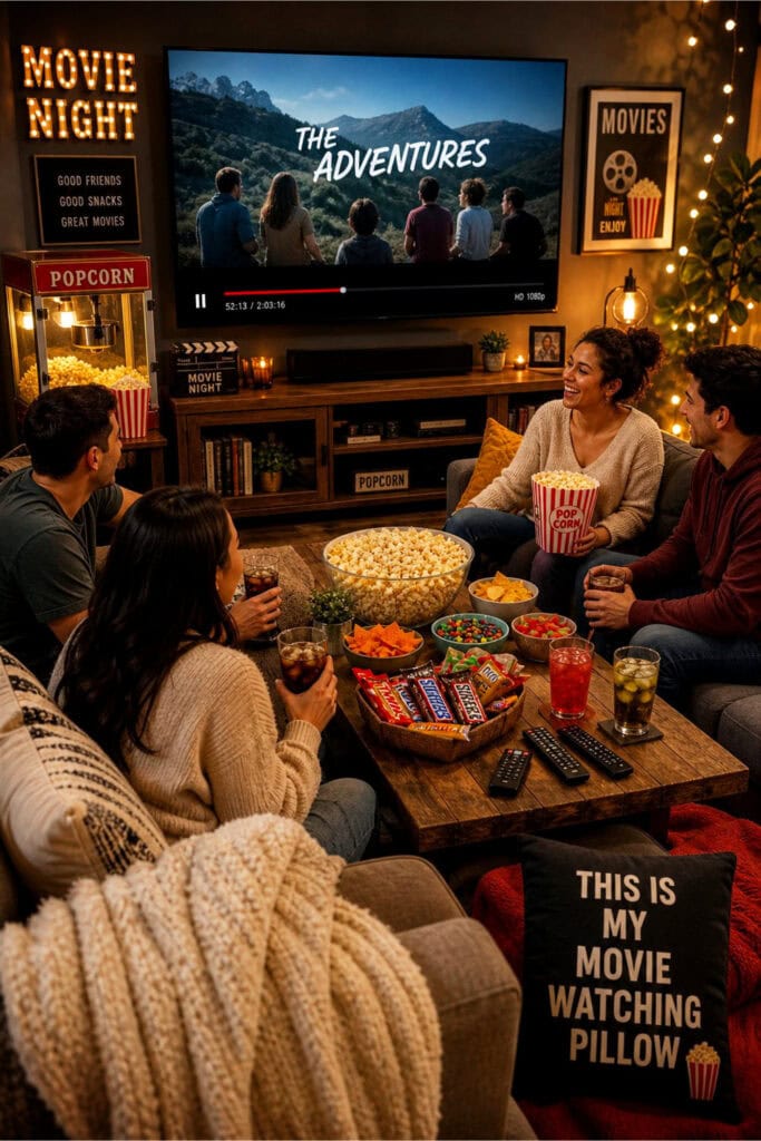 A living room with a large TV, sofa with blankets and cushions, a coffee table with popcorn, snacks, drinks, and people enjoying a movie night together.