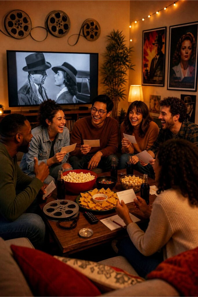 A group of friends enjoying a movie trivia night party in a cozy living room with snacks and a TV showing a movie.