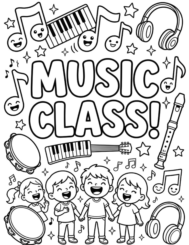 Music Class coloring page with bubble letters, musical notes, piano keyboard, guitar, tambourine, recorder, and smiling children.