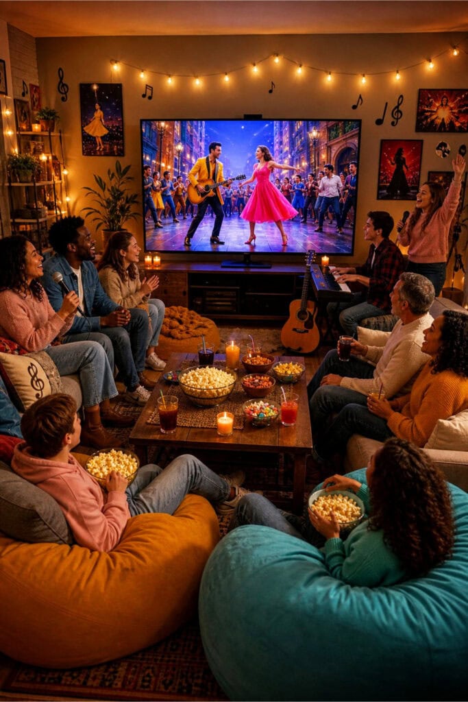 A cozy living room with people enjoying a musical movie night party, featuring a TV, snacks, musical instruments, and warm lighting.