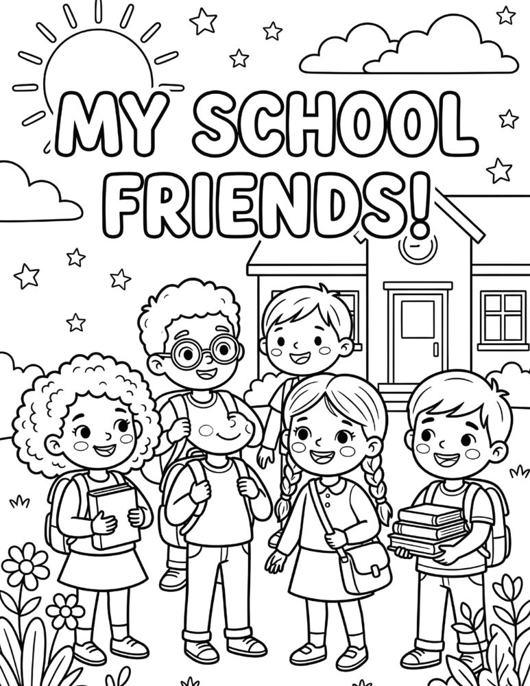 My School Friends coloring page with bubble letters, happy children wearing backpacks, books, school building, sunshine, and flowers.