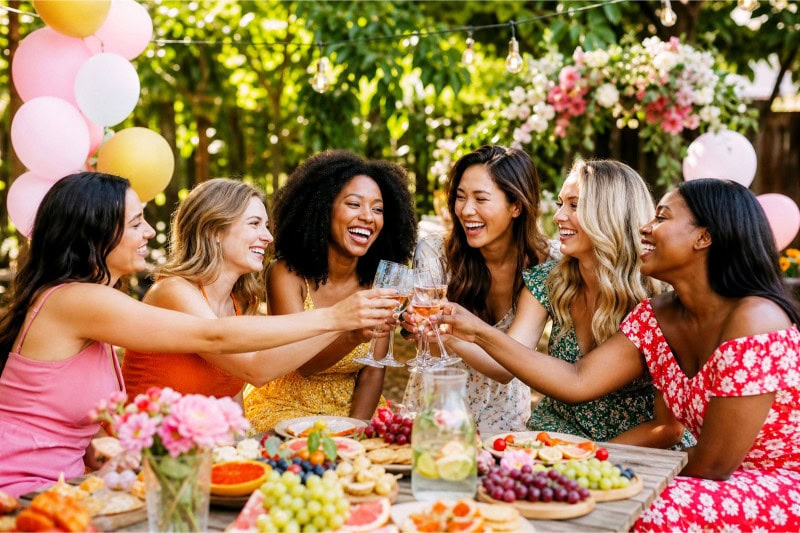 A group of women enjoying a summer outdoor party with drinks and decorations in a garden.