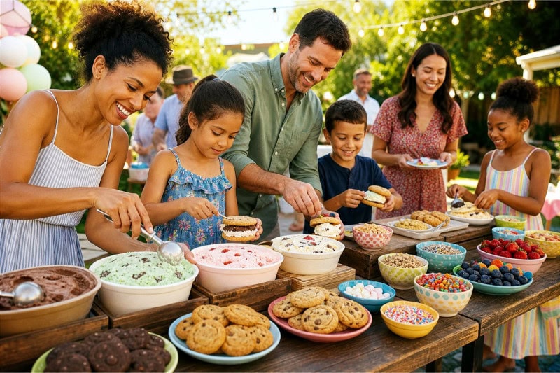 People enjoying an outdoor build-your-own ice cream sandwich bar with cookies, ice cream, and toppings on a decorated table.