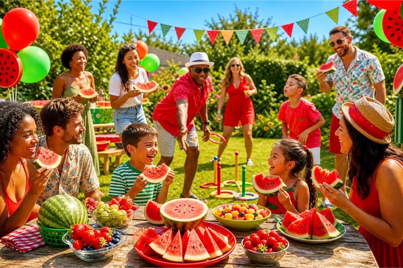 People enjoying a summer party outdoors with chilled watermelon slices and playing games around a picnic table.