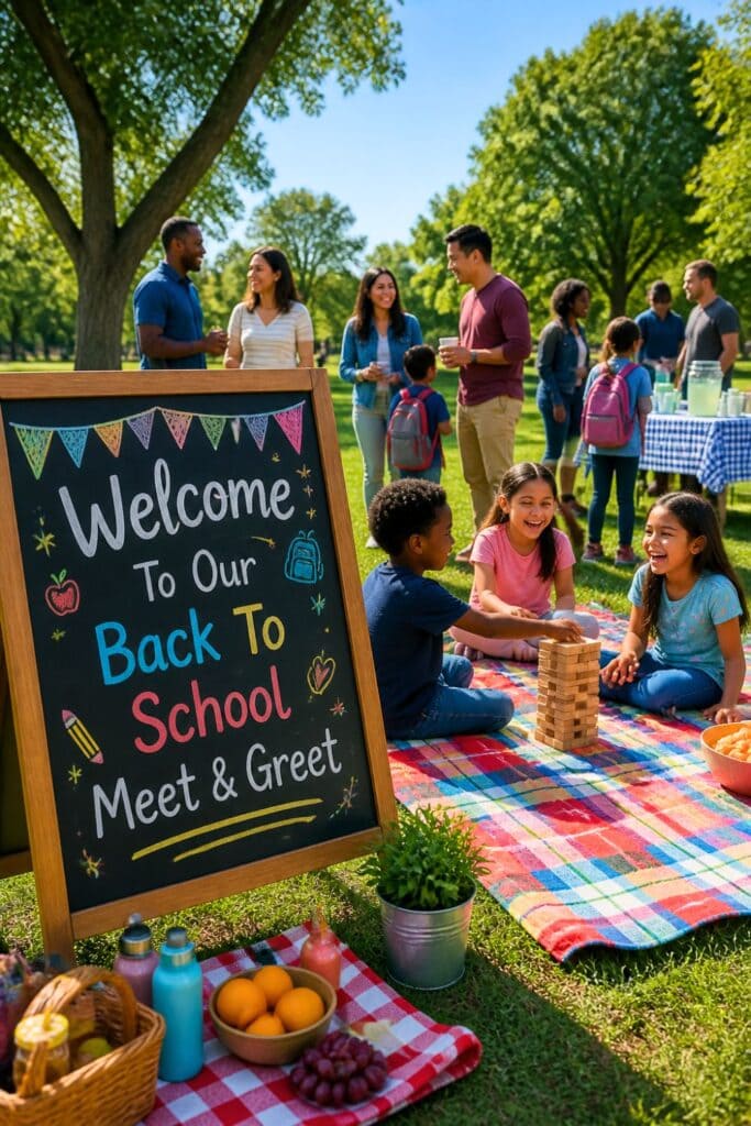 Children and parents gathered for a Back To School meet-and-greet at a park having a picnic, playing and socializing on a sunny day. A chalkboard sign with the text "Welcome To Our Back To School Meet & Greet" stands in the foreground