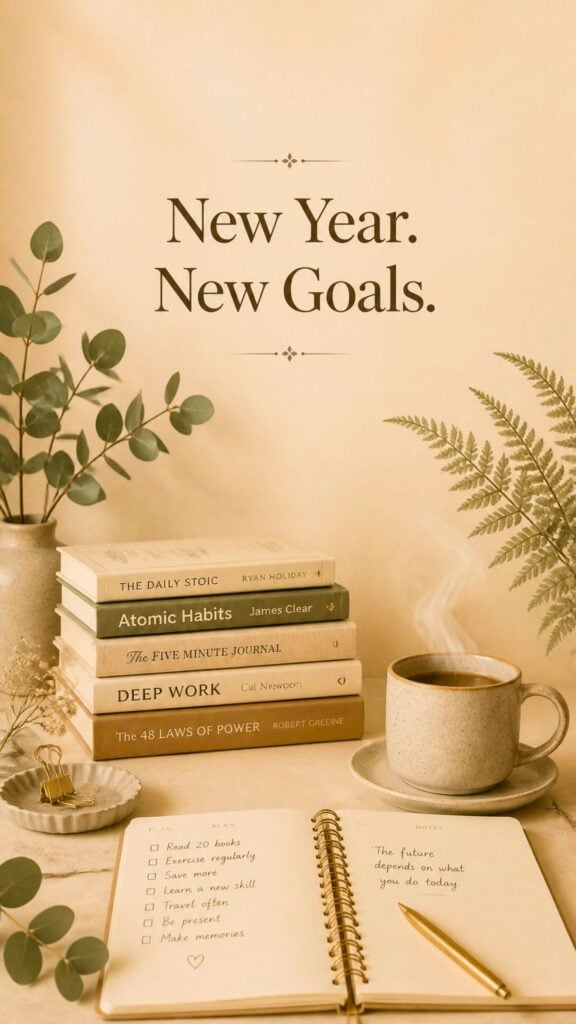 Neutral academic aesthetic wallpaper with books, planner, coffee, and New Year New Goals motivational quote.