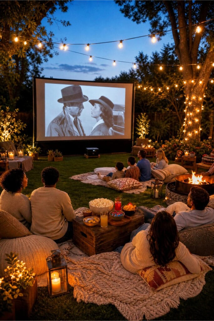 People sitting on blankets in a backyard watching a movie on a large outdoor screen at night with string lights overhead.