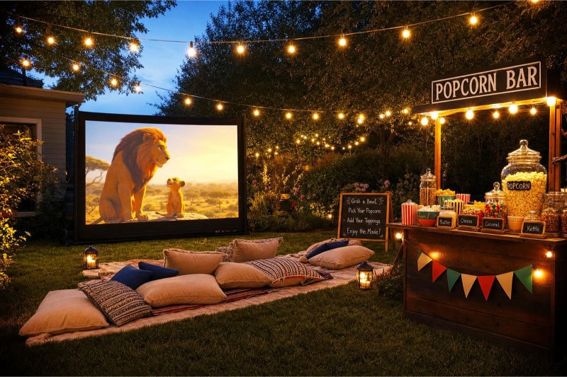 Outdoor movie night setup with a projector, blankets on the grass, popcorn, and string lights in a garden.