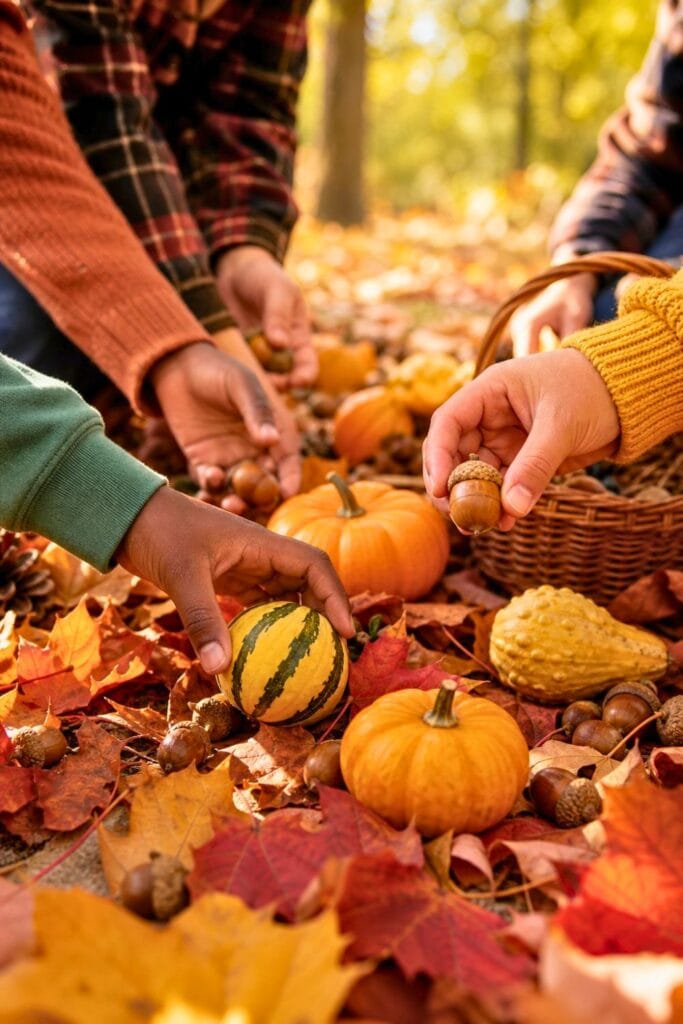 People outdoors collecting fall leaves, acorns, and gourds during a scavenger hunt in a colorful autumn setting.