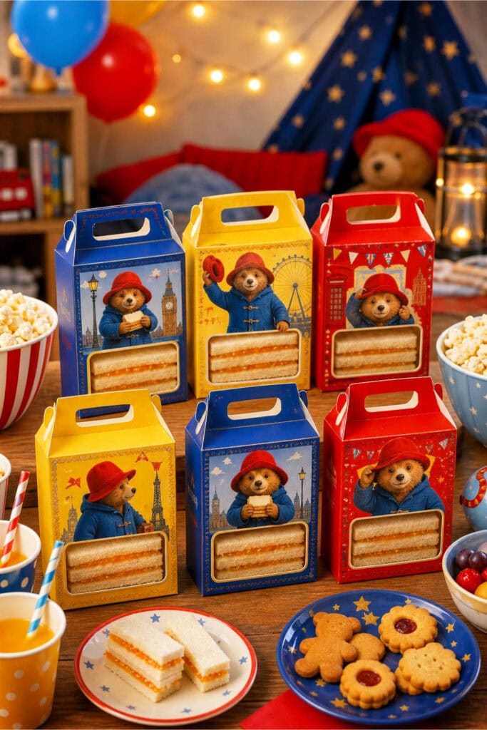 Colorful marmalade sandwich snack boxes on a table with popcorn and drinks set up for a children's movie night party.