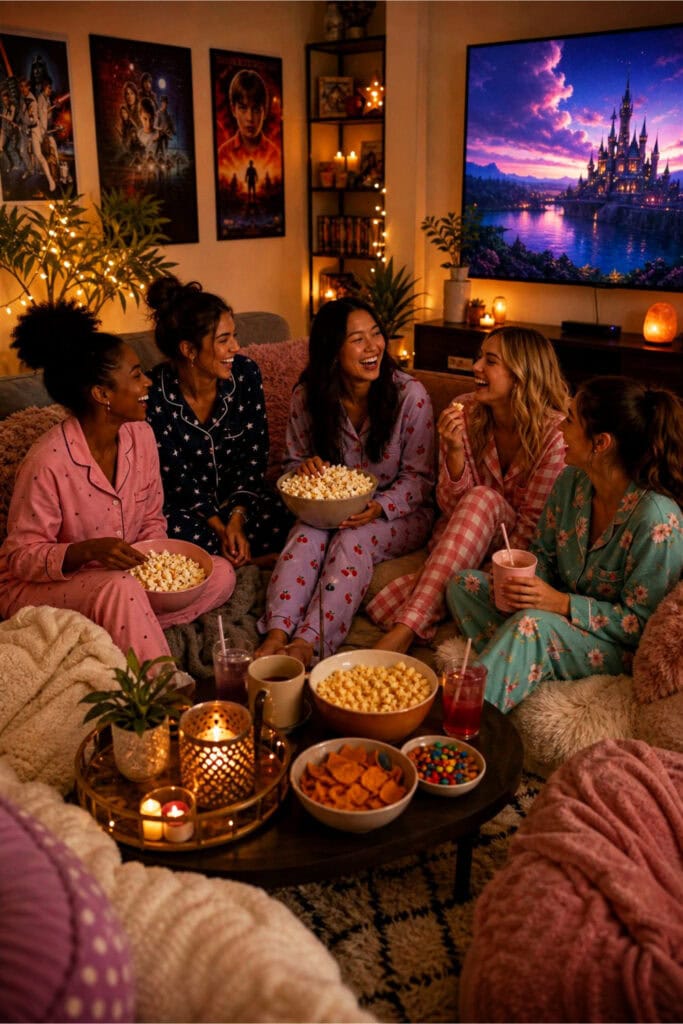A group of friends in pajamas sitting together on a couch, watching a movie and enjoying snacks in a cozy living room.