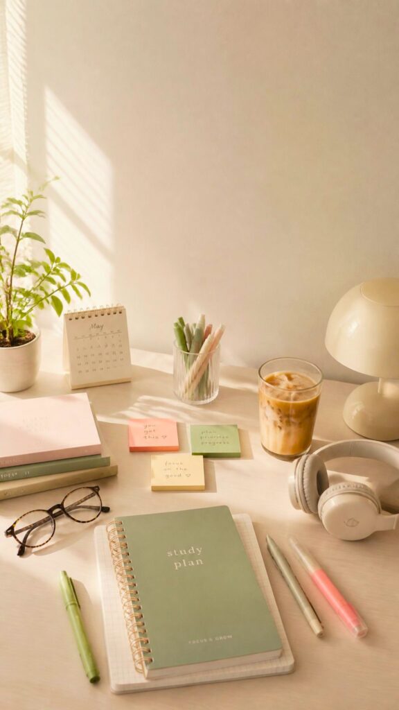 Cozy pastel study desk phone wallpaper with notebooks, coffee, pens, headphones, and soft morning light.