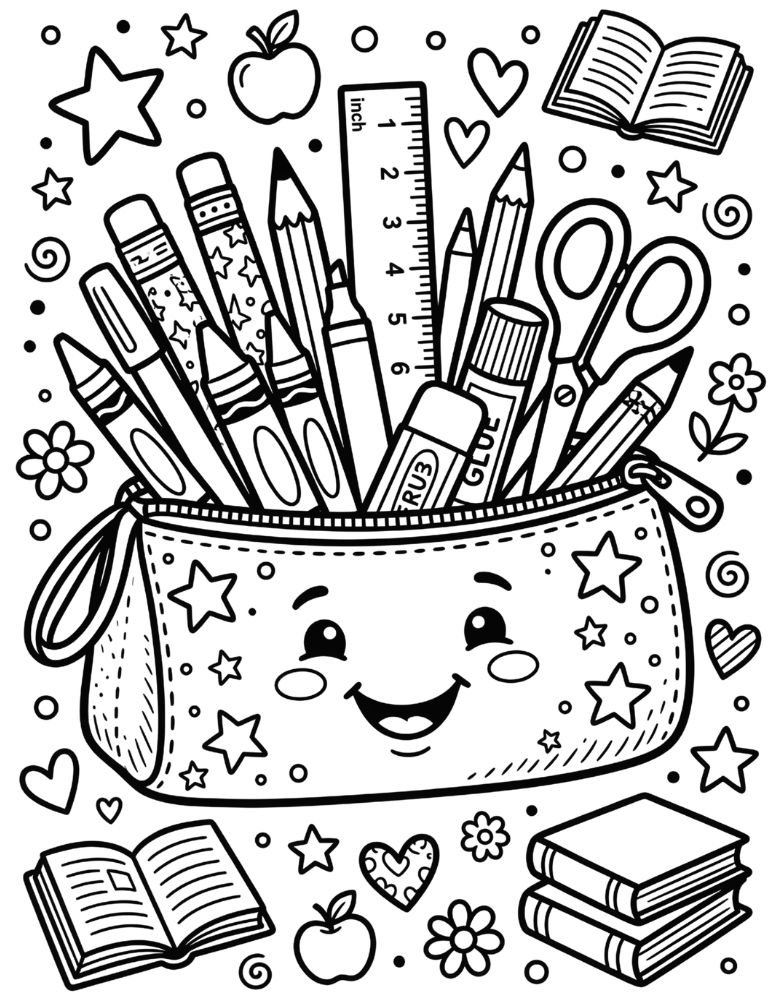 Pencil case coloring page with a smiling pencil case filled with pencils, crayons, markers, ruler, eraser, scissors, glue stick, and books.