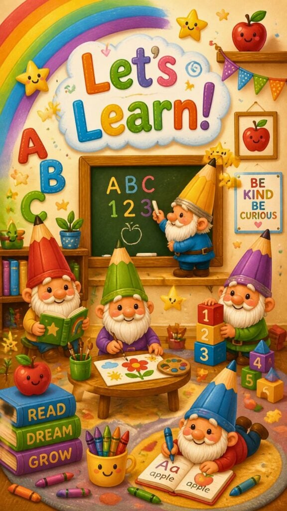 Whimsical classroom wallpaper with adorable school gnomes learning, reading books, and Let's Learn text.