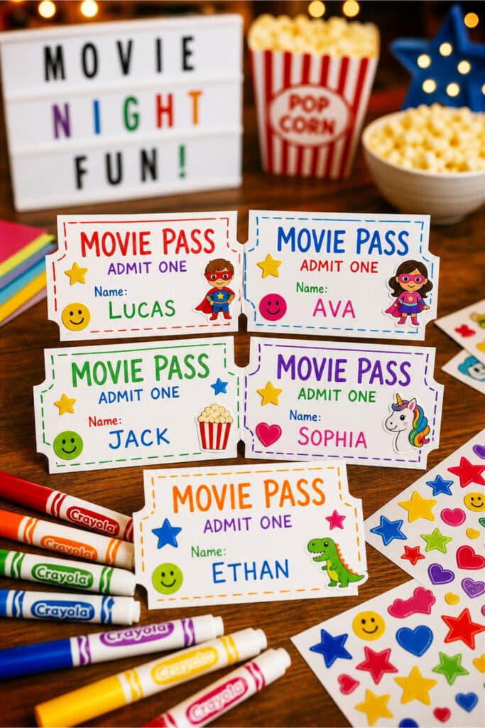 Colorful handmade movie passes decorated with markers and stickers on a table with art supplies nearby.