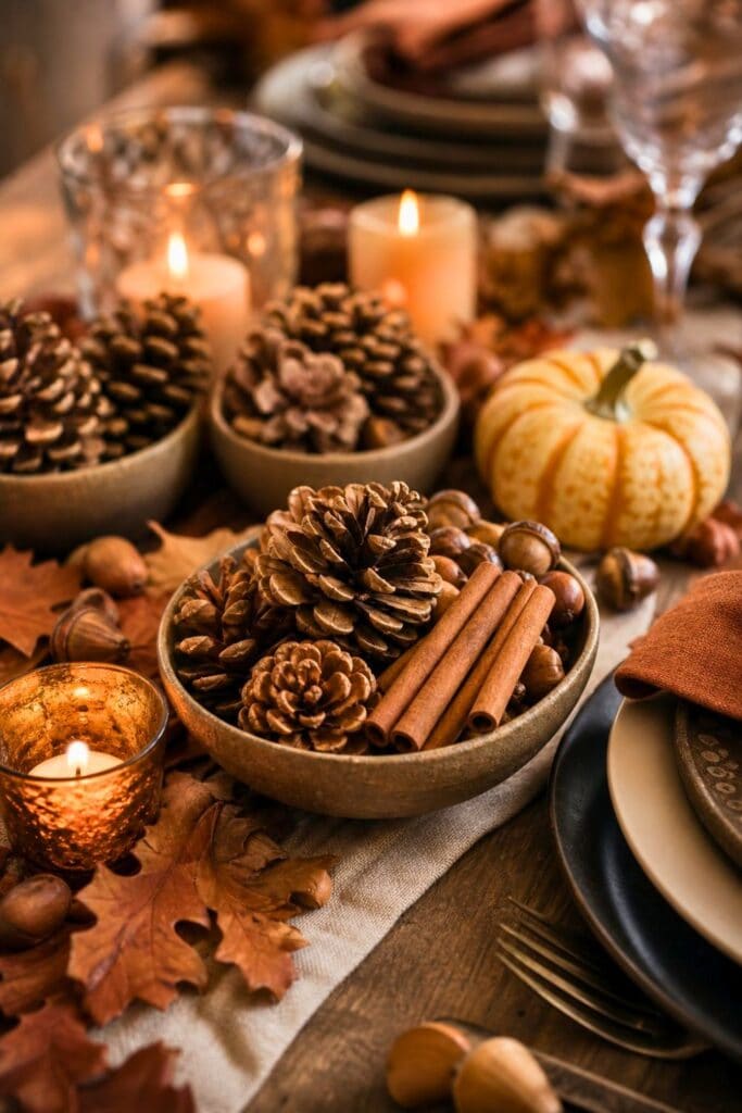Small bowls filled with pinecones and cinnamon sticks arranged on a wooden table with autumn leaves and candles.