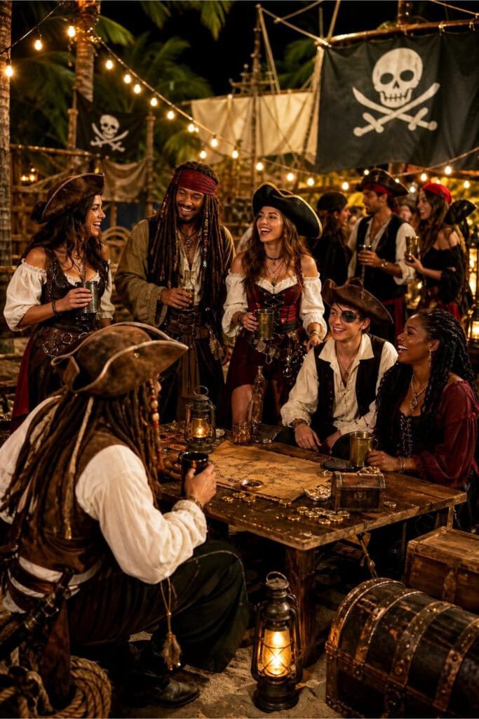 A group of people dressed in pirate costumes enjoying a nighttime outdoor party with pirate-themed decorations and warm lighting.