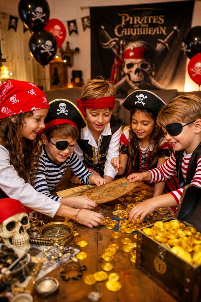 Children dressed as pirates wearing bandanas searching for gold coins during a treasure hunt at a party.
