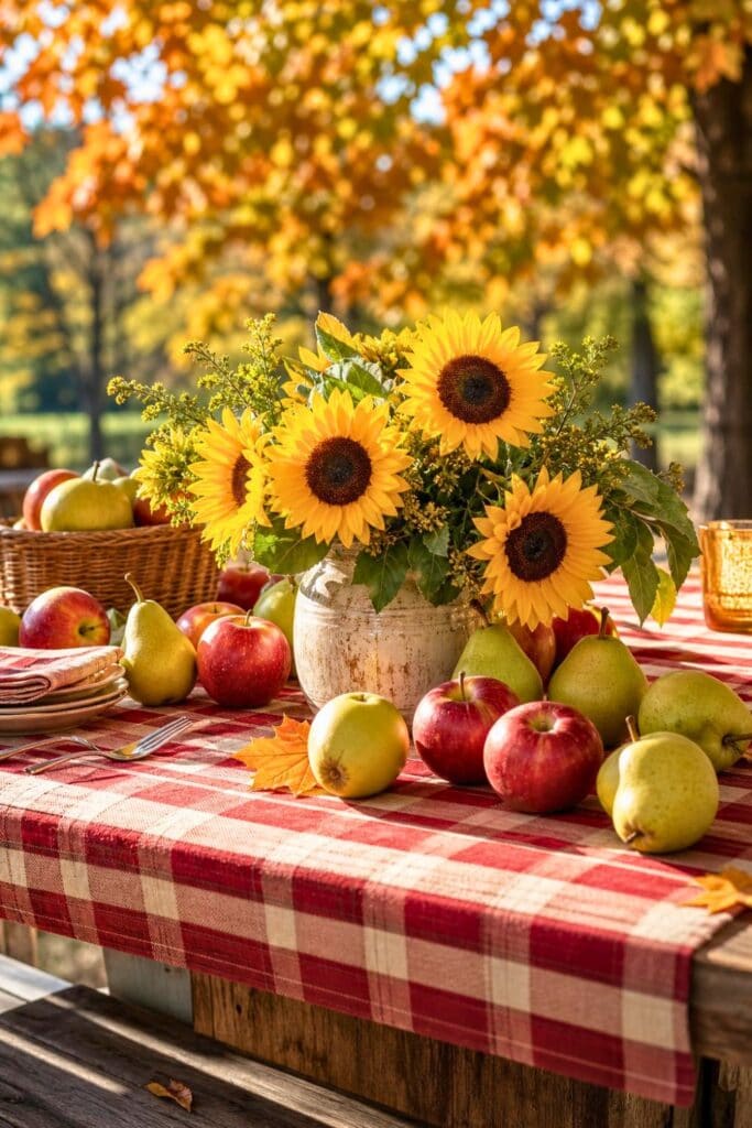 A picnic table with a plaid tablecloth decorated with sunflowers, apples, and pears outdoors in autumn.